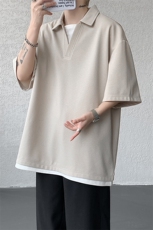 8XL-M假两件V领短袖t恤男夏翻领半袖宽松重磅华夫格大码DT001P40，男装T恤，电商B312