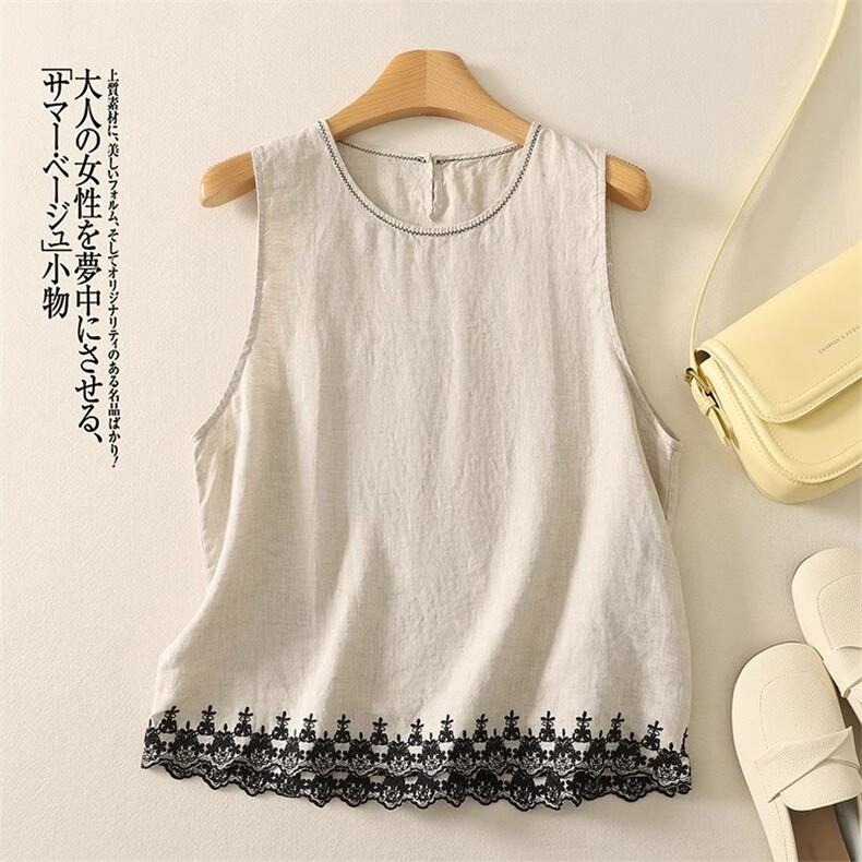 2025简约百搭亚麻刺绣背心，女装T恤，鑫萬耀羊绒