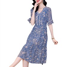 碎花纺真丝连衣裙女2021年新款设计感小众显瘦气质韩版长裙，女装连衣裙，潮品会