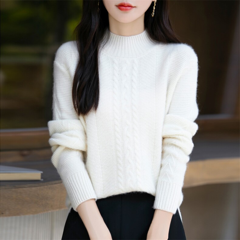 秋冬季节纯澳毛七针加厚扭花复古休闲款羊毛衫,女装羊毛衫,昭美羊绒