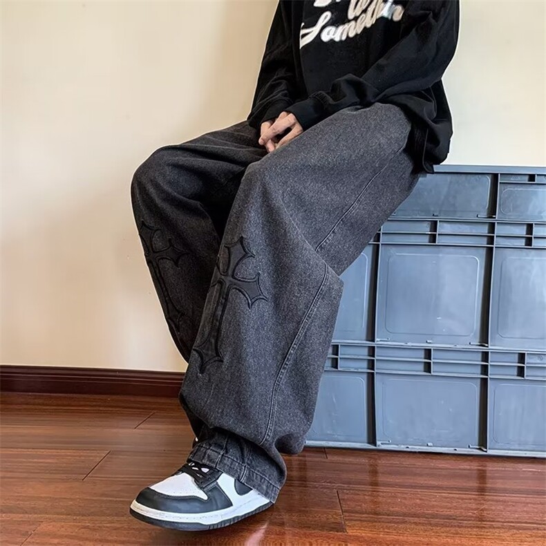 复古牛仔裤男嘻哈高街ins刺绣潮牌宽松直筒拖地长裤阔腿裤N599,男装牛仔裤,星座1116A-1（原606A）