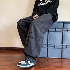 复古牛仔裤男嘻哈高街ins刺绣潮牌宽松直筒拖地长裤阔腿裤N599，男装牛仔裤，星座1116A-1（原606A）