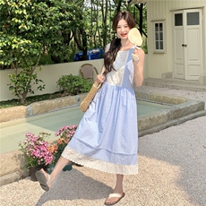 小清新蕾丝拼接条纹无袖连衣裙女2025夏季新款韩系减龄小个子长裙，女装连衣裙，2C050