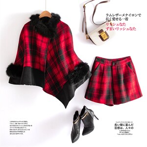 2024秋冬新款毛呢斗篷短裤红色格纹显瘦小洋装两件套袖毛可拆卸,女装套装/套裙,雅静靓衣
