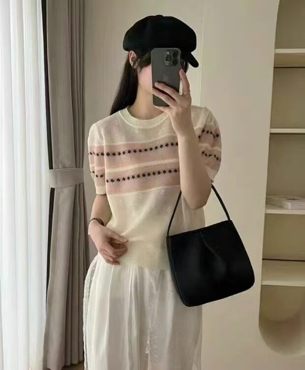精纺羊毛加欧根纱圆领短袖,针织衫/毛衣,百纯羊绒
