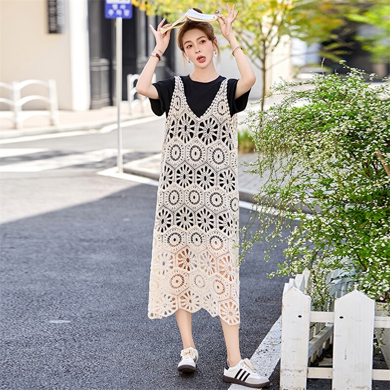 慵懒松弛感连衣裙女夏季2025新款韩版宽松遮肚显瘦蕾丝裙子两件套,女装套装/套裙,丽美静依