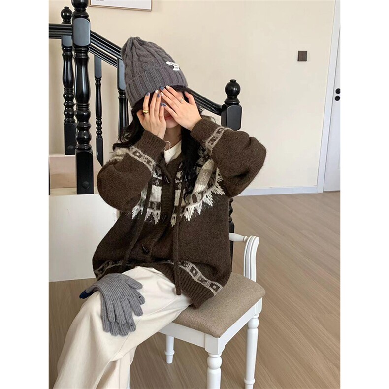 抖音得物秋冬新款开衫毛衣美式复古休闲慵懒风V领针织衫男外套潮,男装针织衫/毛衣,电商A443