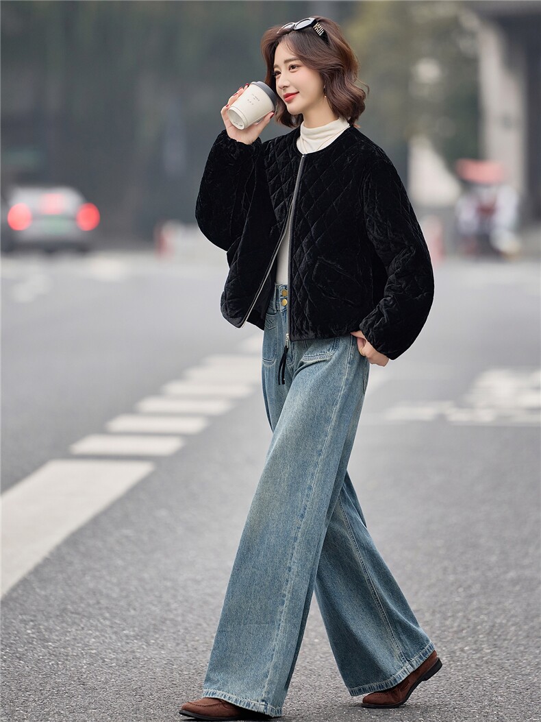 轻奢金丝绒菱格宽松休闲夹棉棉服女2025冬季独特短款保暖棉衣外套,女装棉衣/棉服,梦懿尔