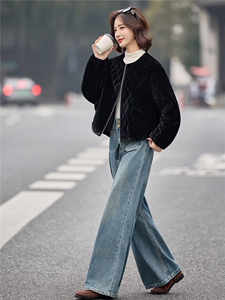 轻奢金丝绒菱格宽松休闲夹棉棉服女2025冬季独特短款保暖棉衣外套图片