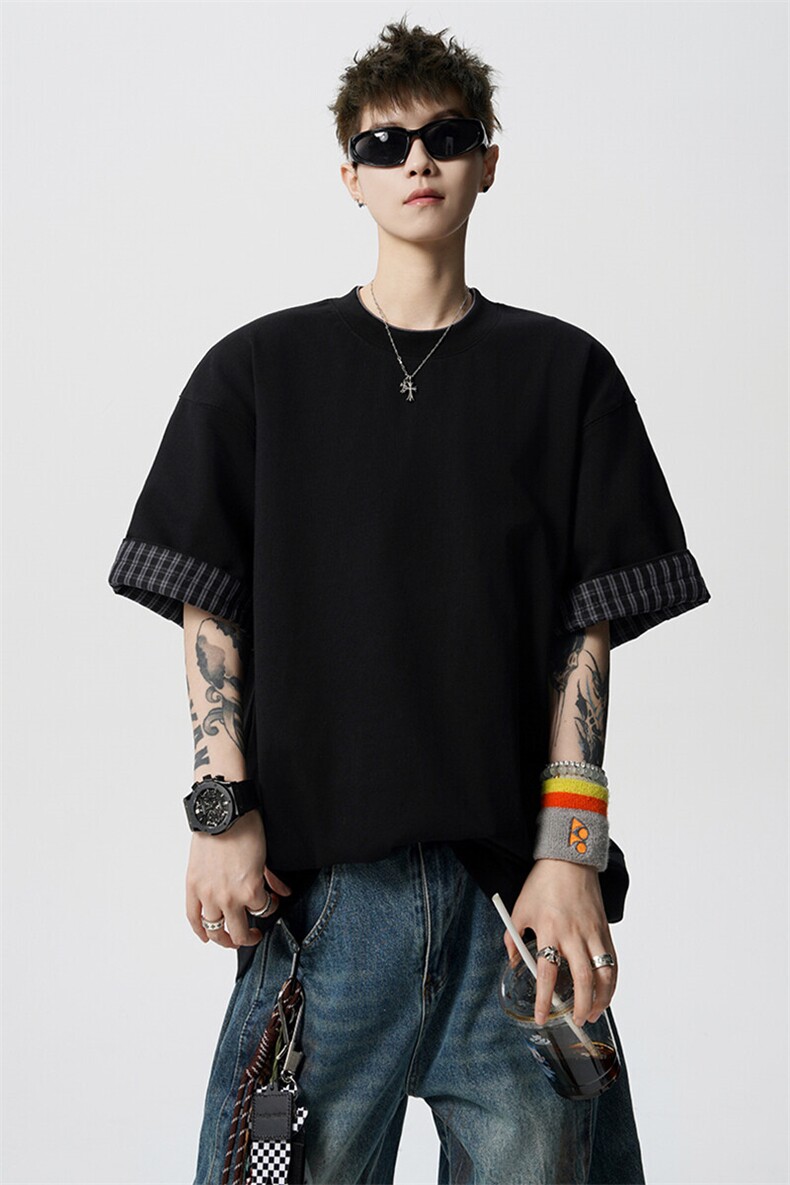 8XL-M格子翻边设计短袖tee男同款文艺休闲T恤上衣半截袖男DX342,男装T恤,电商D206-1