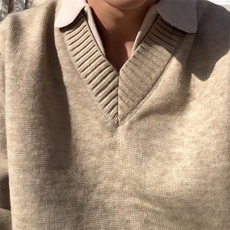 重磅北极绒假两件衬衫领毛衣美式高街复古休闲慵懒纯色翻领针织衫，男装针织衫/毛衣，电商A486-1