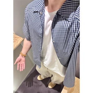 美式复古格纹短袖衬衫男女夏季宽松休闲格子衬衣日系百搭半袖上衣图片