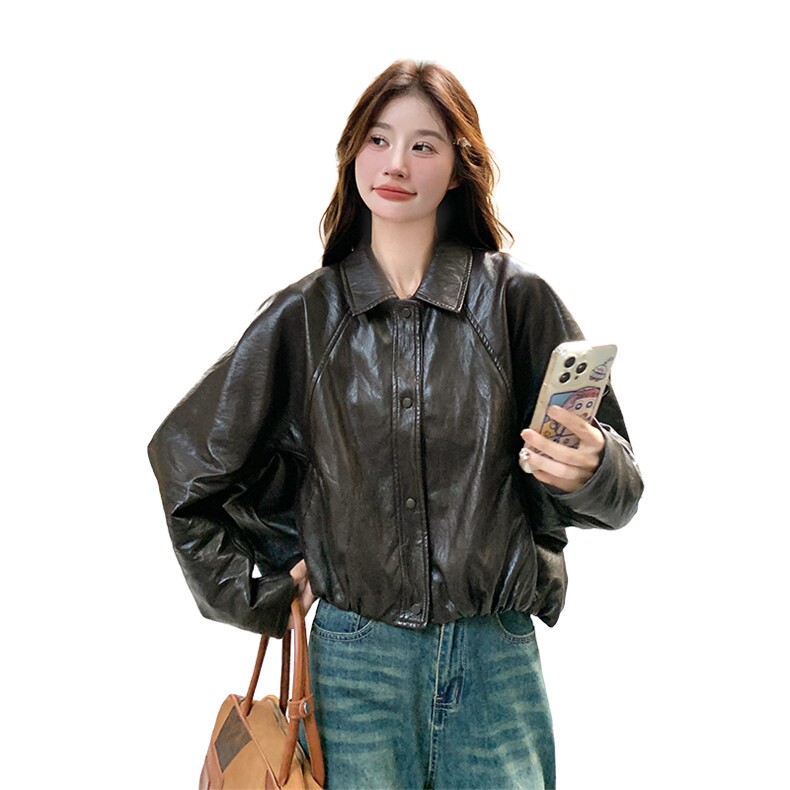 咖色美拉德短款皮衣外套女2025年秋季新款韩系复古超好看机车夹克，女装皮衣，2C135