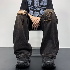 复古高街破洞牛仔裤子男直筒裤子宽松毛边长裤N6158，男装牛仔裤，星座1116A-1（原606A）