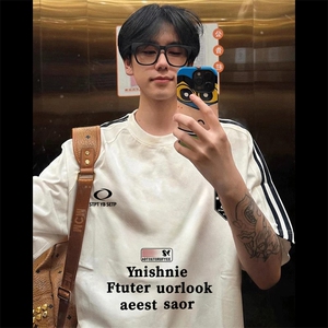夏季美式高街重磅纯棉三条杠织带撞色男女短袖T恤STG121特P25图片