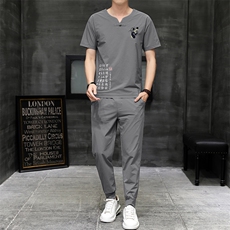 风刺绣短袖T恤套装男士大码宽松长裤男休闲复古潮HO15332-P58，男装休闲套装，星座1105-3