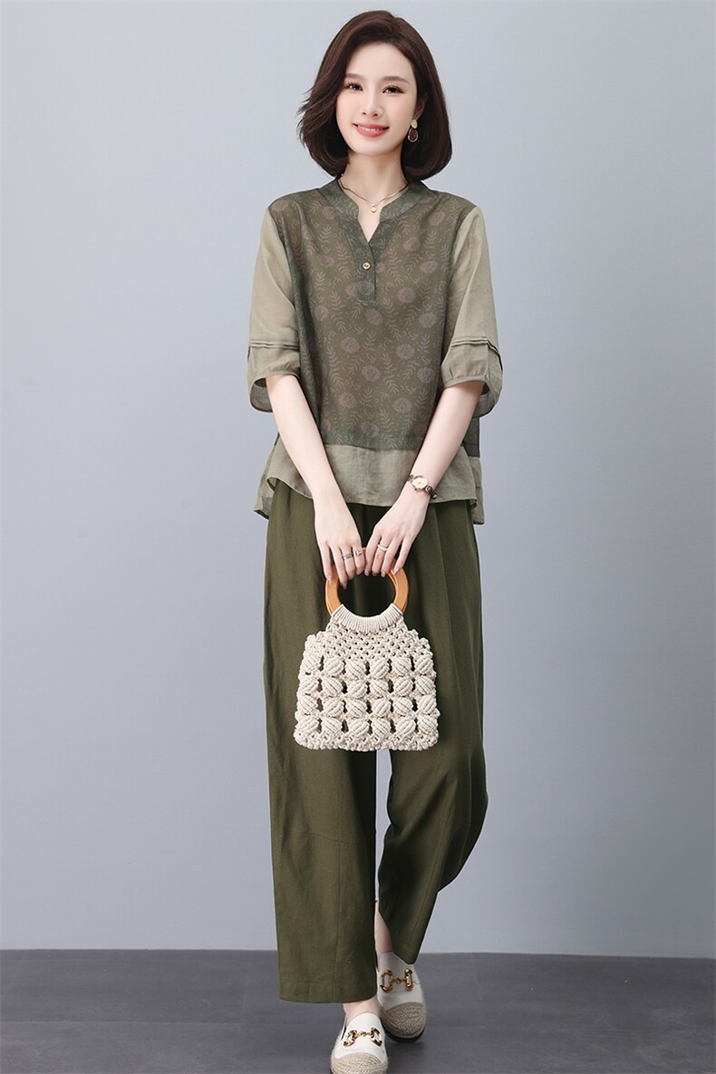 苎麻休闲套装女夏2025新款大码中年妈妈小个子洋气减龄棉麻两件套,女装套装/套裙,忆绮罗