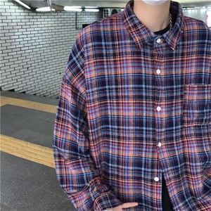 美式复古格子衬衫男宽松春秋休闲百搭外套潮男图片