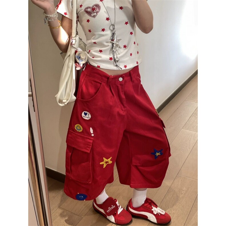 AK2233-P70星星刺绣工装七分裤夏季薄款美式阔腿宽松短裤,男装牛仔裤,星座617A-2