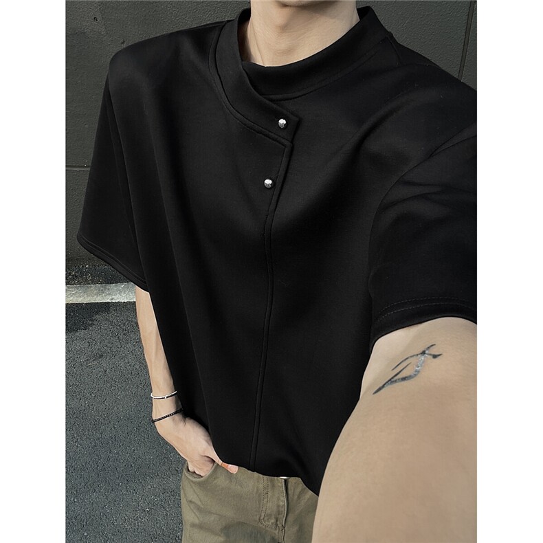 现货垫肩金属钉扣设计纯色百搭潮男T恤A071-1336-P38,男装T恤,电商A071