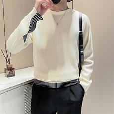 秋冬新款假两件毛衣潮流时尚条纹拼色针织衫圆领套头线衣M880，男装针织衫/毛衣，星座1116A-2（原606A-1）