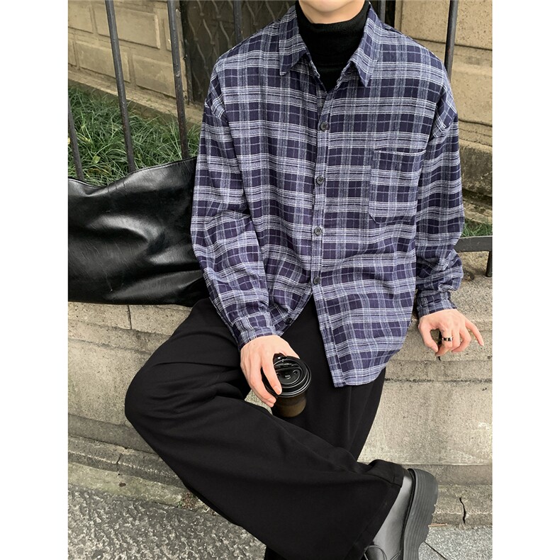 CS203磨毛藏青色格子衬衫P75，男装T恤，星座702(原615)