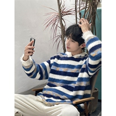 【有货】MY366CC-特P58水貂毛条纹连帽毛衣男慵懒风针织衫外套，男装针织衫/毛衣，星座1007（原301D）