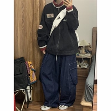 美式潮牌复古立领做旧牛仔外套男贴布机车服夹克上衣JK89455-P80，男装工装外套，星座1008