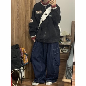 美式潮牌复古立领做旧牛仔外套男贴布机车服夹克上衣JK89455-P80图片
