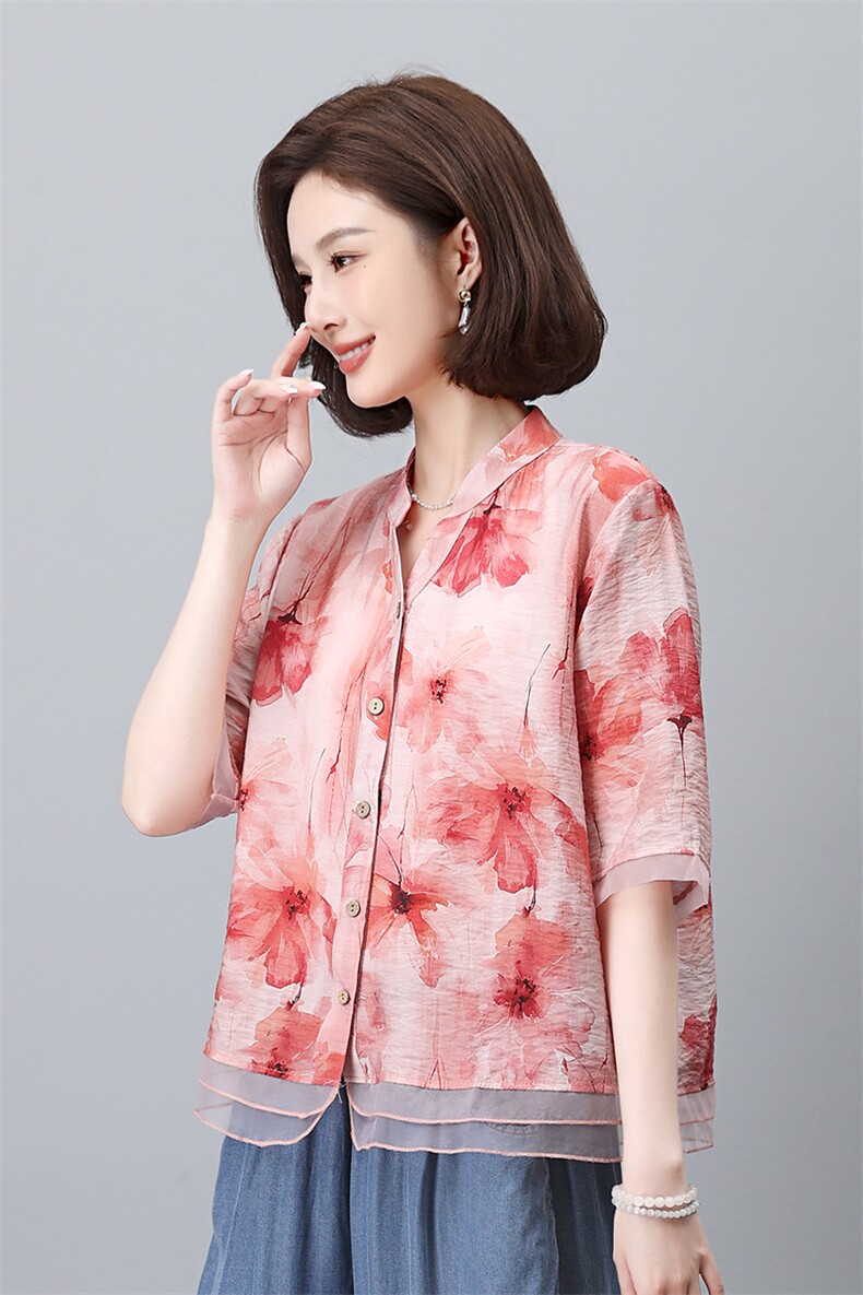 叶笙衣夏季新款女装宽松显瘦印花短袖衬衫上衣时尚百搭休闲衬衣,女装衬衫,叶笙衣