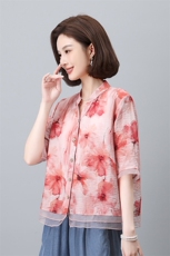 叶笙衣夏季新款女装宽松显瘦印花短袖衬衫上衣时尚百搭休闲衬衣，女装衬衫，叶笙衣