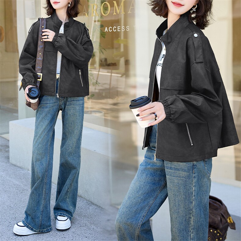 现货复古港风晕染立领皮衣女2024秋新款宽松休闲机车Pu皮外套，女装皮衣，江南女神