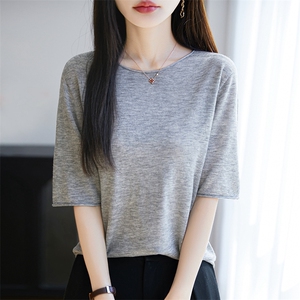 宽松薄款针织套头纯色半袖上衣女2025夏新款圆领卷边无缝中袖T恤图片