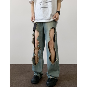 8XL-M 特大码破洞牛仔裤摇滚皮冻宽松阔腿无性别休闲裤K976P58图片