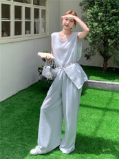 休闲气质盐系浅灰色无袖上衣阔腿裤套装女夏季ootd穿搭减龄两件套，女装套装/套裙，蝶眷