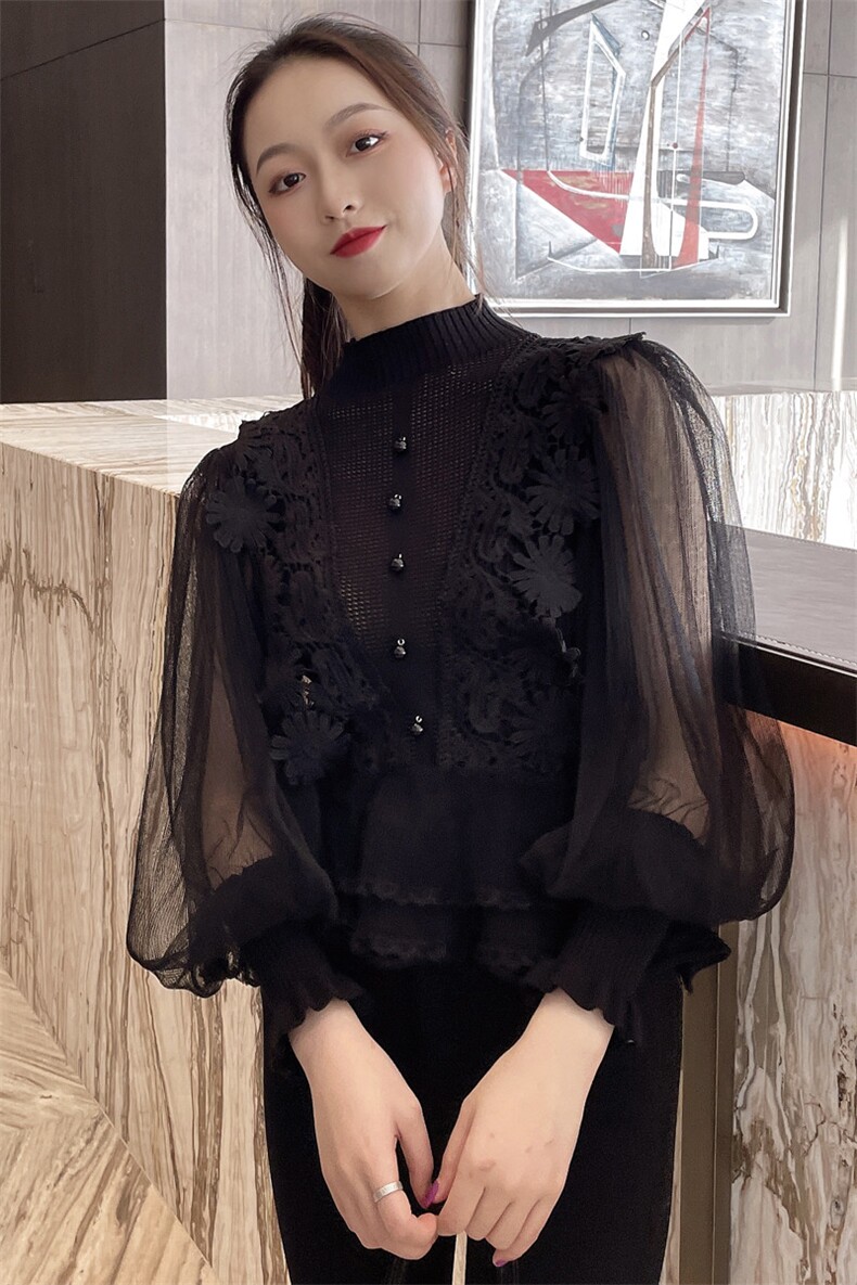 2021春装新款时尚休闲宽松舒适针织衫,女装蕾丝衫/雪纺衫,深水步