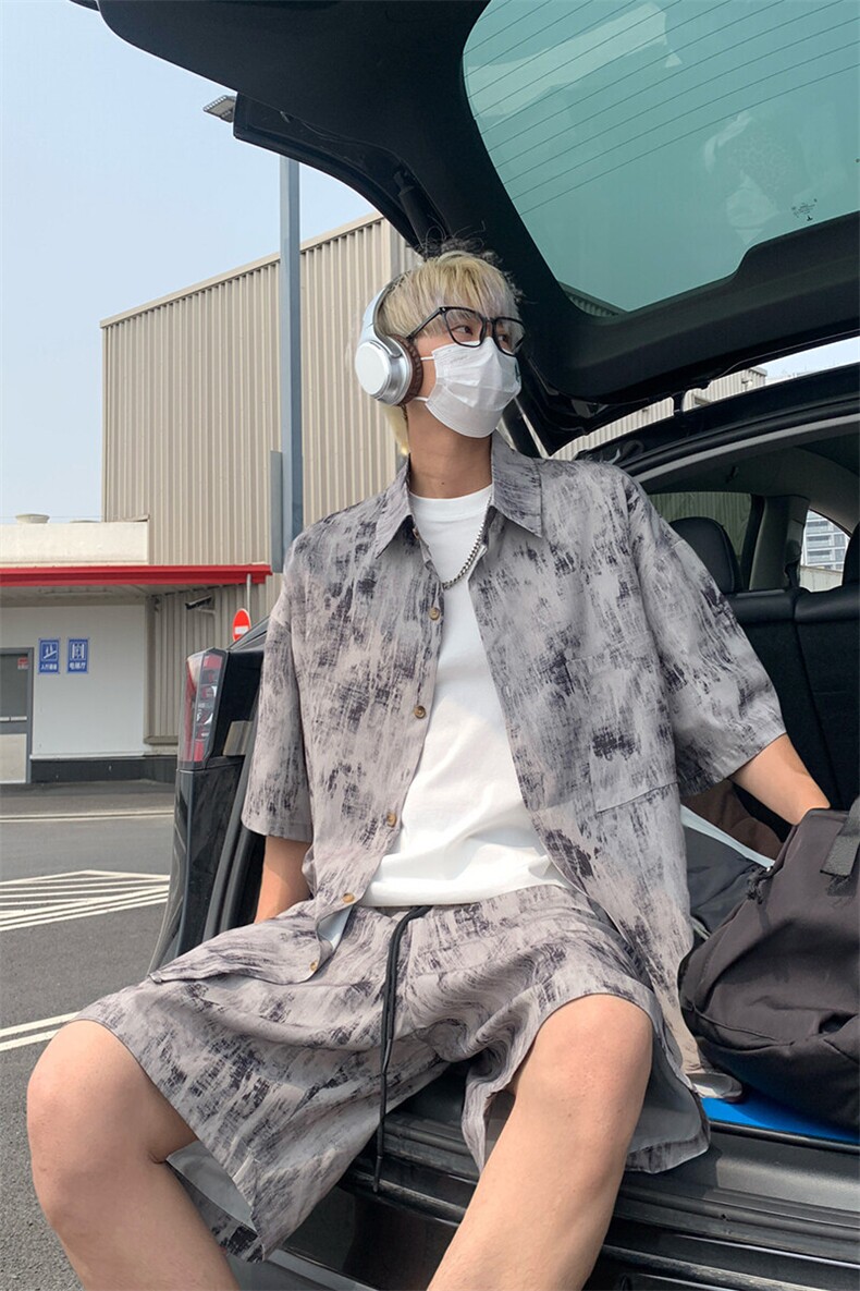 扎染新款套装男生夏季薄款短袖衬衫运动短裤中性风潮牌宽松两件套,男装衬衫,电商A007