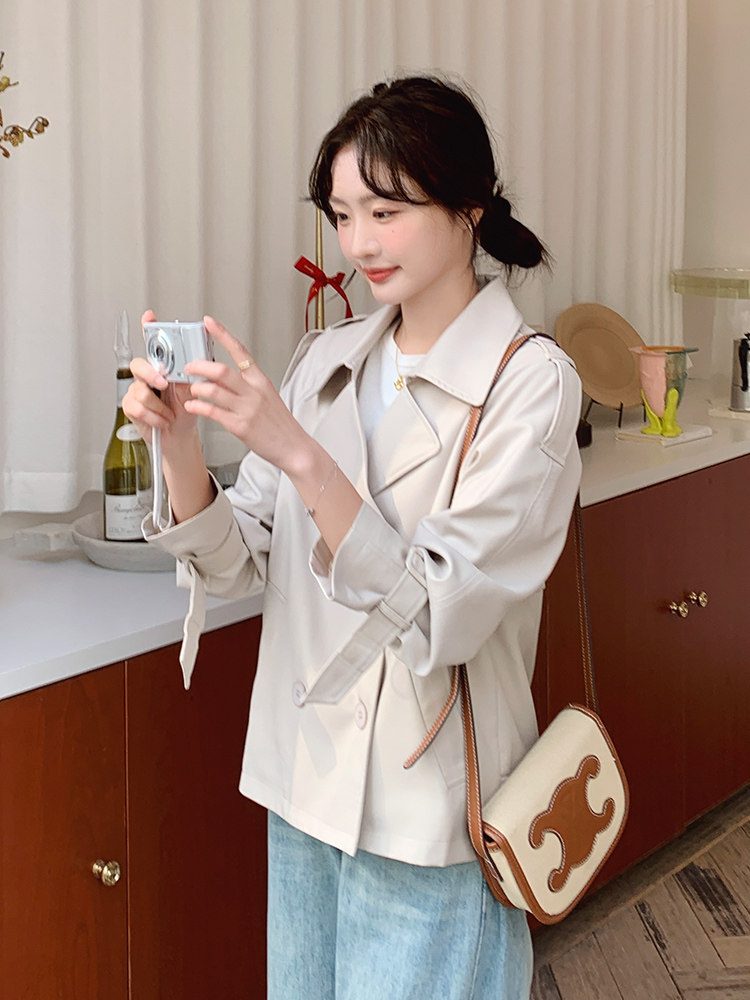 小个子短款时尚风衣外套女春秋2025新款英伦风宽松休闲米白色上衣,女装风衣,姿衣轩