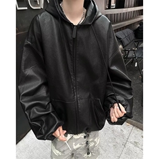 街客美式黑色廓形连帽皮衣外套男春秋短款百搭夹克cleanfit机车服，男装夹克，星座716-2