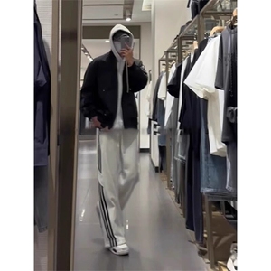 美式复古三条杠条纹裤子男春秋款花灰色卫裤直筒垂感阔腿休闲长裤图片