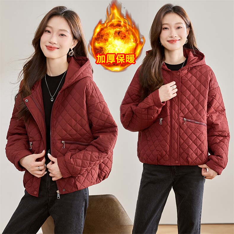 红色轻薄棉衣外套女2024冬季新款洋气百搭显瘦夹棉菱形格连帽棉袄，女装棉衣/棉服，文熹诺