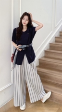 藏青色衬衫条纹阔腿裤套装女夏2025新款巨好看流行爆款两件套ootd，女装套装/套裙，2C258