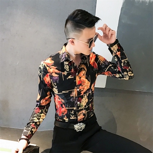 312A 808- P50秋季社会风青年复古印花长袖衬衫韩版修身网红衬衣U图片