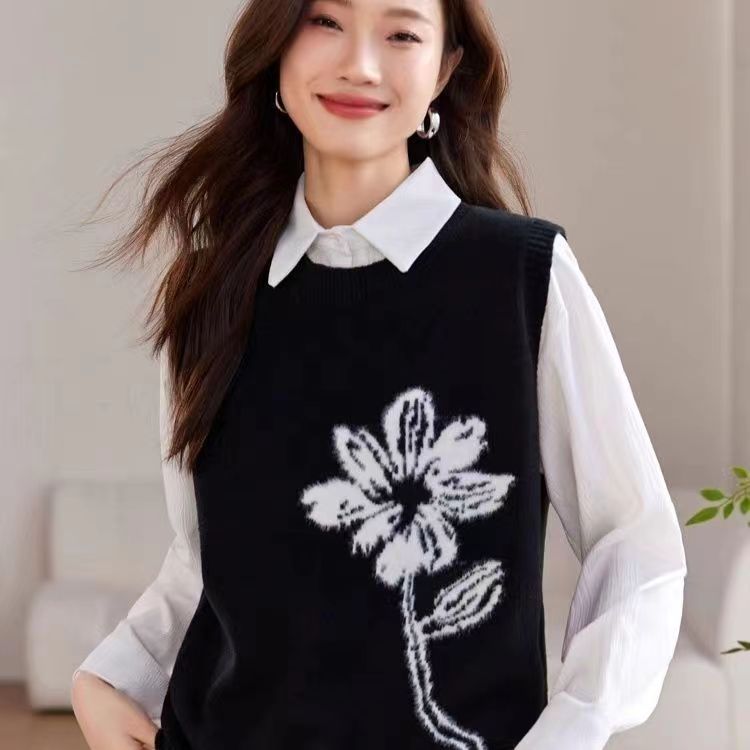 黑色叠穿针织马甲女宽松花朵刺绣设计感外搭春秋新款坎肩背心,女装马甲,胜酷羊绒