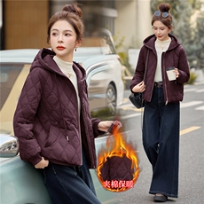 藏青色休闲连帽夹棉加厚外套女2025秋冬新款宽松时尚百搭保暖棉衣，女装棉衣/棉服，余墨