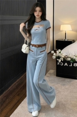 慵懒风休闲时尚套装女夏新款百搭圆领印花短袖上衣阔腿长裤两件套，女装套装/套裙，江南