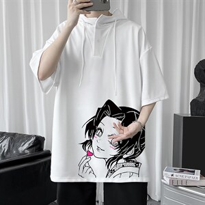LD54153-P45 连帽短袖t恤男大码胖子带帽五分袖中袖图片
