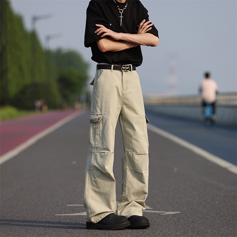 多口袋褶皱弯刀工装裤男女街头宽松百搭直筒微喇长裤X9966-p63，男装工装外套，星座1008