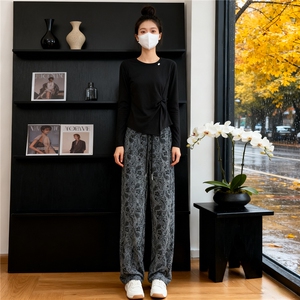 女春穿搭时尚气质套装圆领不规则开叉设计长袖上衣阔腿长裤两件套图片