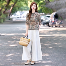 新中式复古国风套装女2025夏季新款洋气印花盘扣衬衫阔腿裤两件套，女装套装/套裙，妙形